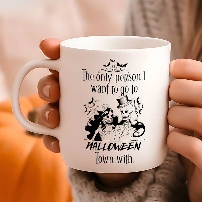 Elevate your morning brew with our premium white ceramic coffee mug, boasting a haunting Halloween design.