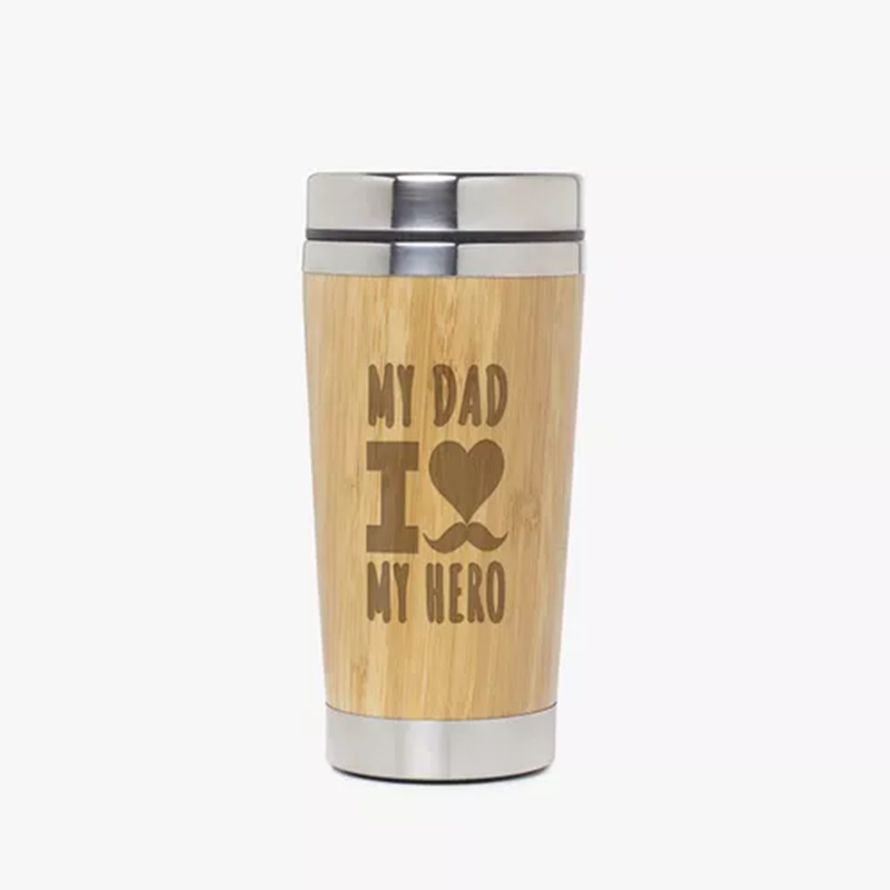 Crafted with a wooden frame and metal accents, this travel mug combines style and sentimentality.
