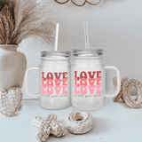 TRIPLE LOVE printed glass mason jar with lid and straw