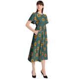 Short Sleeve Shirred Waist Midi Dress