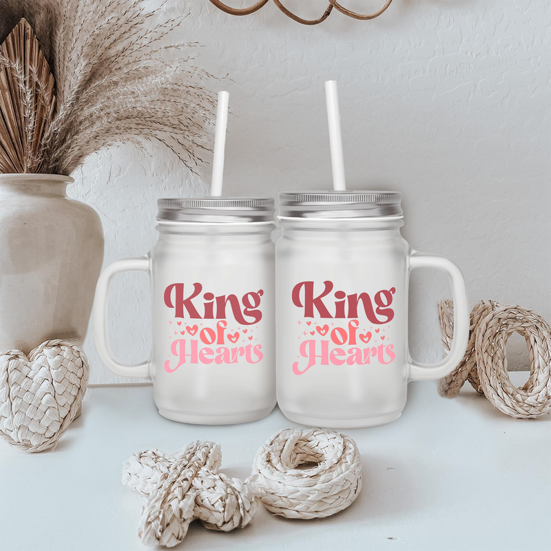 Heartful King printed mason jar with lid and straw