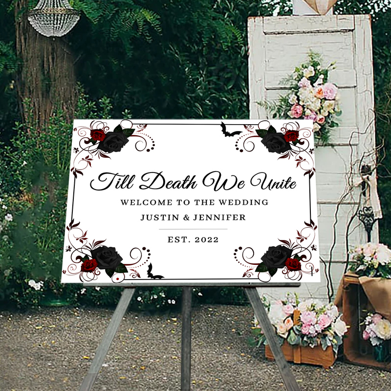 Unique black and red roses wedding welcome signage